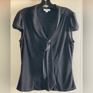 Tahari Black & White Polka Dot Short Sleeve Button Up Shirt with Bow